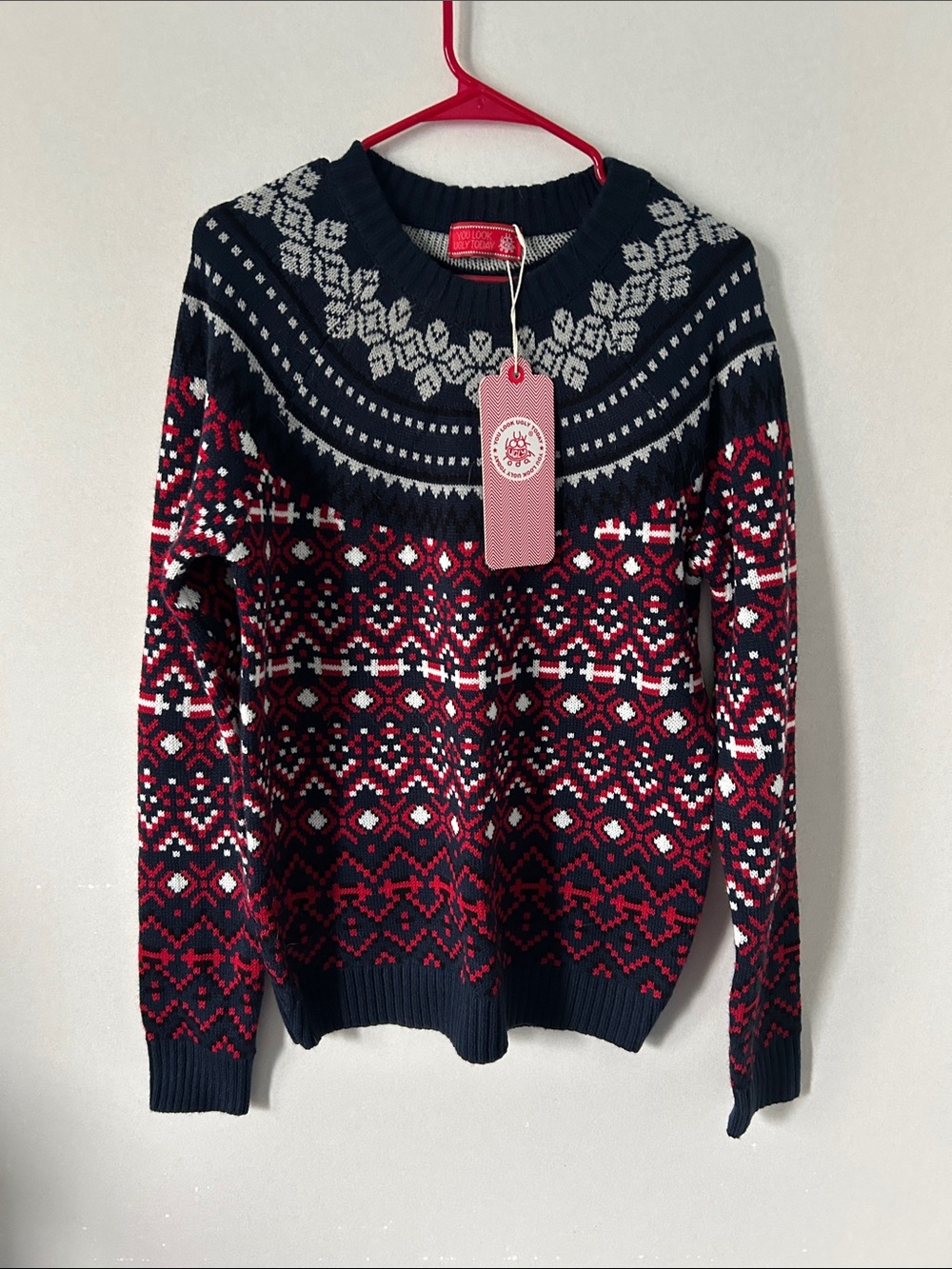 Classic Fair Isle Crewneck “UGLY” Holiday Sweater - Navy, Red, White & Gray NWT